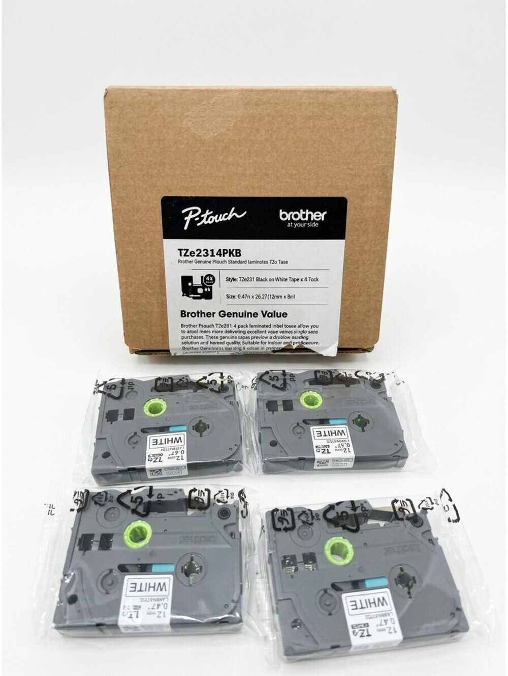 Brother Genuine TZe-231 12mm 0.47" Black on White Tape 4-Pack TZe2314PKB New